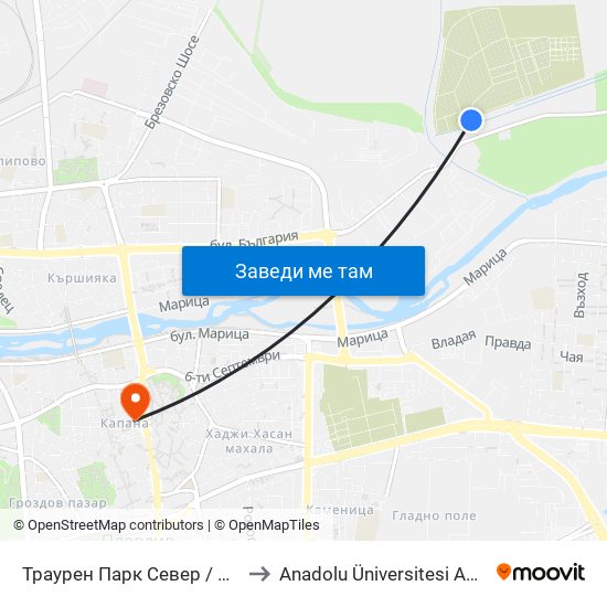 Траурен Парк Север / North Cemetery (1019) to Anadolu Üniversitesi AÖF Bulgaristan bürosu map