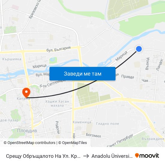 Срещу Обръщалото На Ул. Крайна / Opposite the Turn Spot Of Krayna St. (411) to Anadolu Üniversitesi AÖF Bulgaristan bürosu map