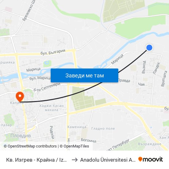 Кв. Изгрев - Крайна / Izgrev Qr - Last Stop (1029) to Anadolu Üniversitesi AÖF Bulgaristan bürosu map