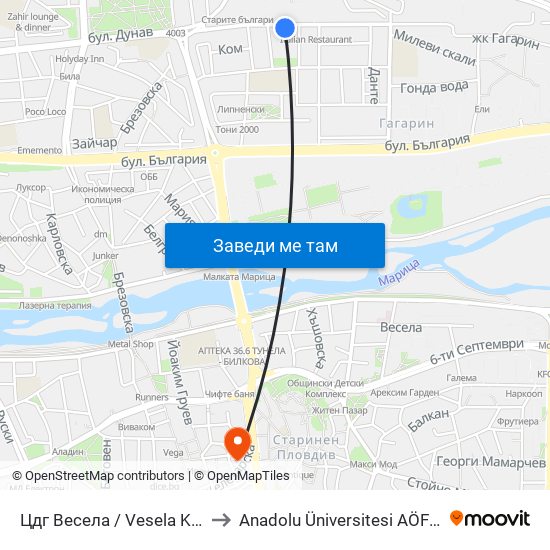 Цдг Весела / Vesela Kindergarten (321) to Anadolu Üniversitesi AÖF Bulgaristan bürosu map