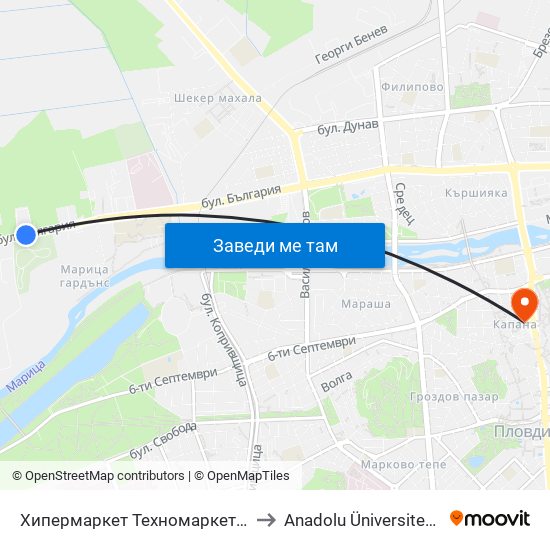 Хипермаркет Техномаркет / Technomarket Hypermarket (336) to Anadolu Üniversitesi AÖF Bulgaristan bürosu map