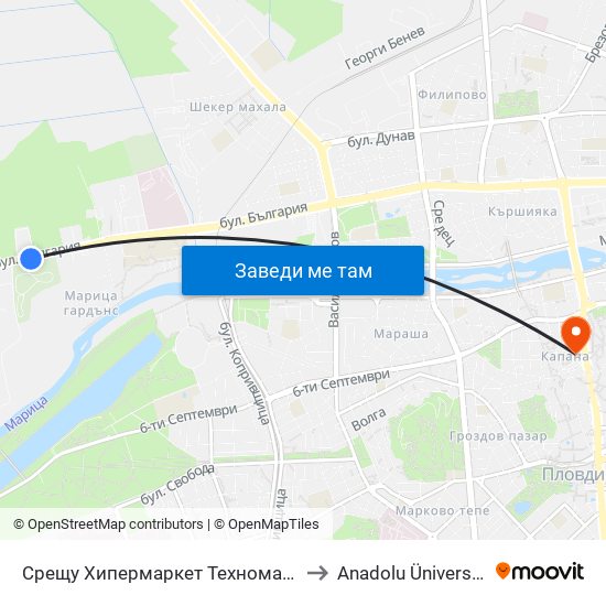 Срещу Хипермаркет Техномаркет / Opposite Technomarket Hypermarket (337) to Anadolu Üniversitesi AÖF Bulgaristan bürosu map