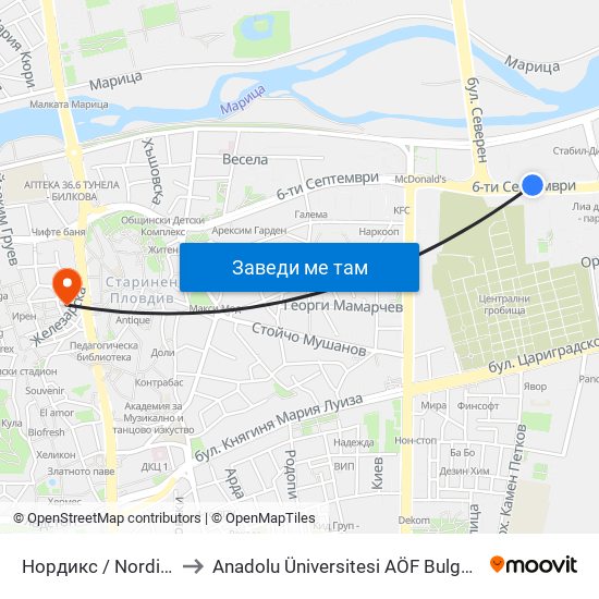 Нордикс / Nordiks (166) to Anadolu Üniversitesi AÖF Bulgaristan bürosu map