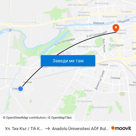 Ул. Тих Кът / Tih Kat St. (485) to Anadolu Üniversitesi AÖF Bulgaristan bürosu map