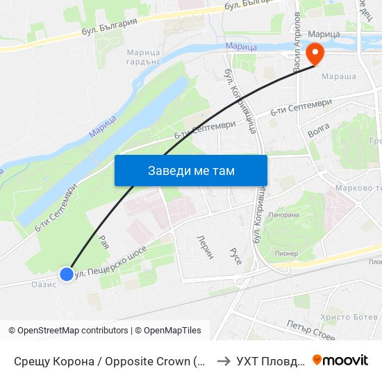 Срещу Корона / Opposite Crown (175) to УХТ Пловдив map