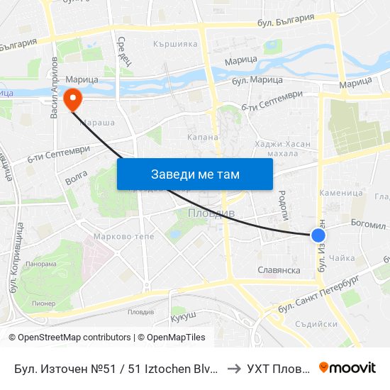 Бул. Източен №51 / 51 Iztochen Blvd. (232) to УХТ Пловдив map