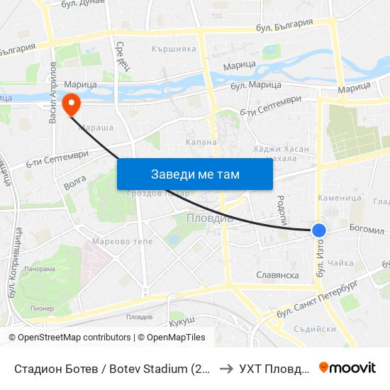 Стадион Ботев / Botev Stadium (259) to УХТ Пловдив map