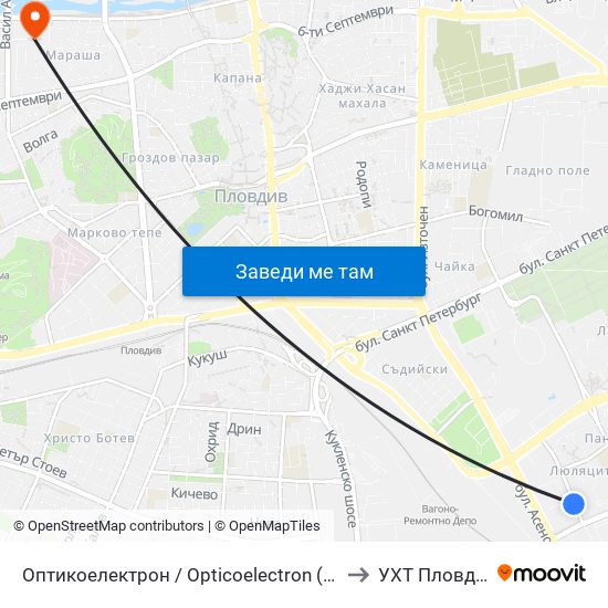 Оптикоелектрон / Opticoelectron (421) to УХТ Пловдив map