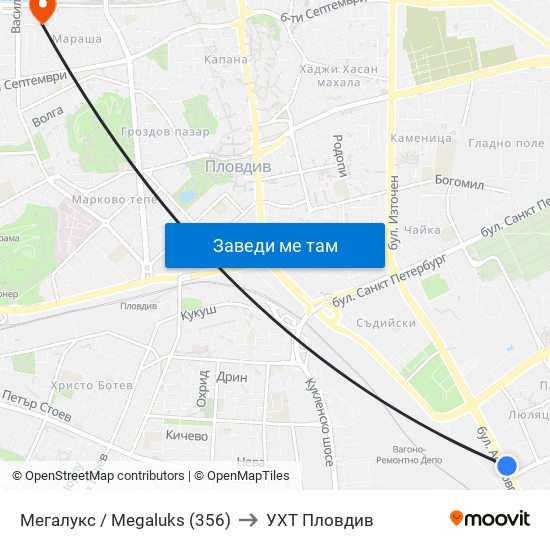 Мегалукс / Megaluks (356) to УХТ Пловдив map