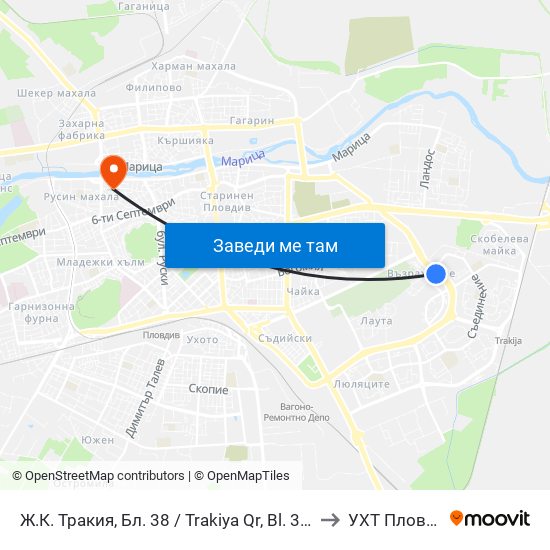 Ж.К. Тракия, Бл. 38 / Trakiya Qr, Bl. 38 (364) to УХТ Пловдив map