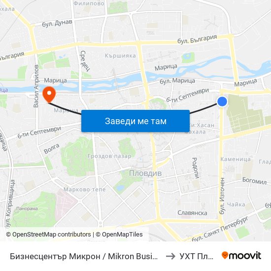 Бизнесцентър Микрон / Mikron Business Centre (353) to УХТ Пловдив map