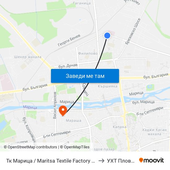 Тк Марица / Maritsa Textile Factory (1005) to УХТ Пловдив map