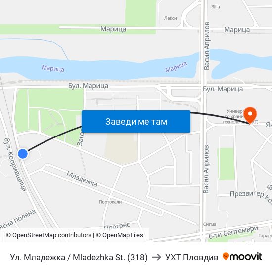Ул. Младежка / Mladezhka St. (318) to УХТ Пловдив map