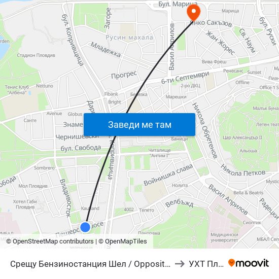 Срещу Бензиностанция Шел / Opposite Shell Gas Station (244) to УХТ Пловдив map