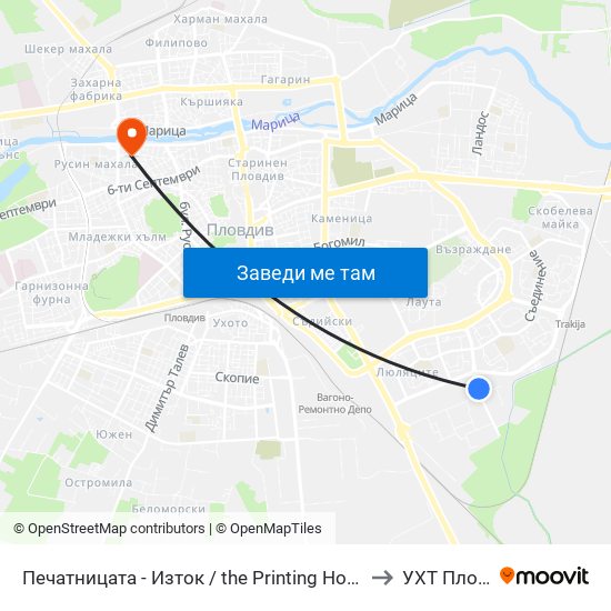 Печатницата - Изток / the Printing House - East (332) to УХТ Пловдив map