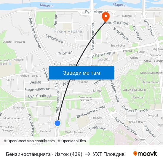 Бензиностанцията - Изток (439) to УХТ Пловдив map