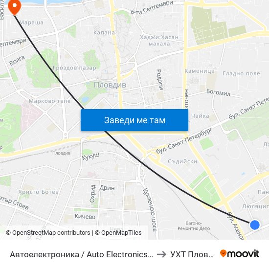 Автоелектроника / Auto Electronics (1028) to УХТ Пловдив map