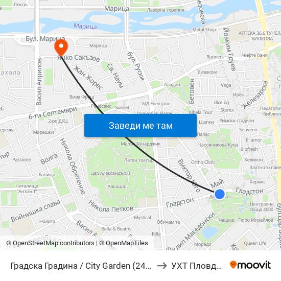 Градска Градина / City Garden (248) to УХТ Пловдив map