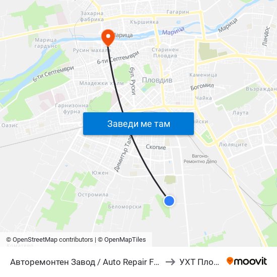 Авторемонтен Завод / Auto Repair Factory (472) to УХТ Пловдив map