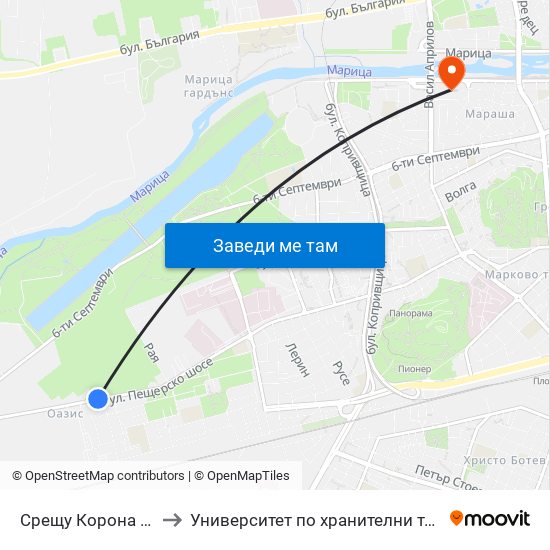 Срещу Корона / Opposite Crown (175) to Университет по хранителни технологии (University of Food Technology) map