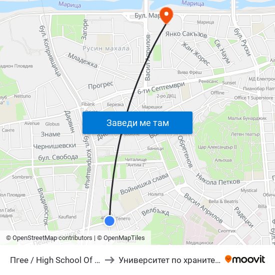 Пгее / High School Of Electrical Engineering And Electronics (171) to Университет по хранителни технологии (University of Food Technology) map