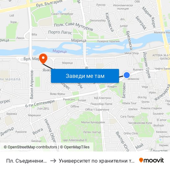 Пл. Съединение / Saedinenie Sq. (141) to Университет по хранителни технологии (University of Food Technology) map