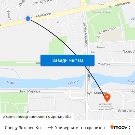 Срещу Захарен Комбинат / Opposite Sugar Factory (93) to Университет по хранителни технологии (University of Food Technology) map