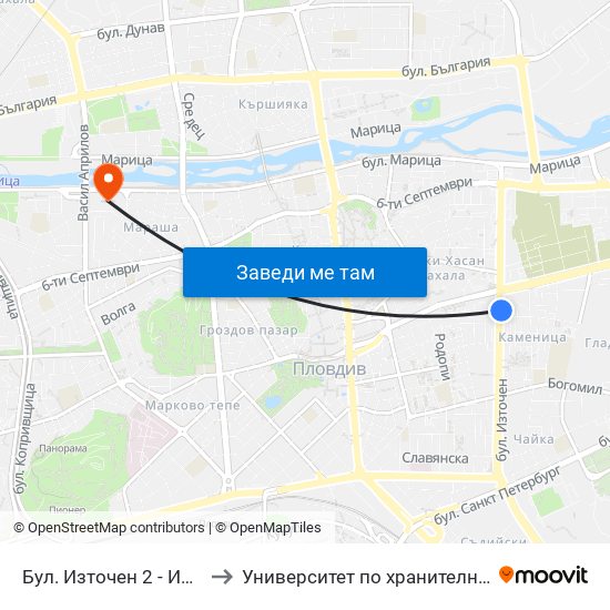 Бул. Източен 2 - Изток / Iztochen Blvd. 2 - East (292) to Университет по хранителни технологии (University of Food Technology) map