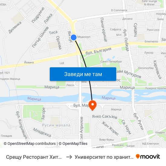 Срещу Ресторант Хитър Петър / Opposite Hitar Petar Restaurant (443) to Университет по хранителни технологии (University of Food Technology) map
