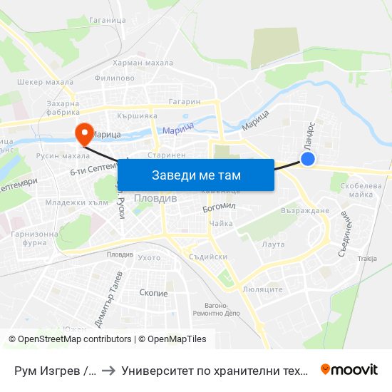 Рум Изгрев / Rum Izgrev (127) to Университет по хранителни технологии (University of Food Technology) map