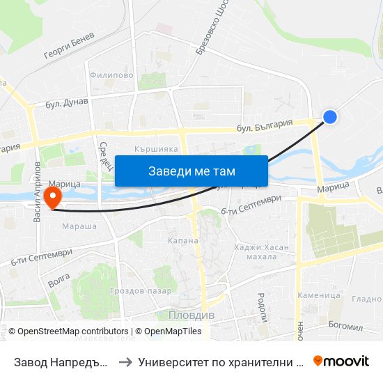 Завод Напредък / Napredak Factory (210) to Университет по хранителни технологии (University of Food Technology) map