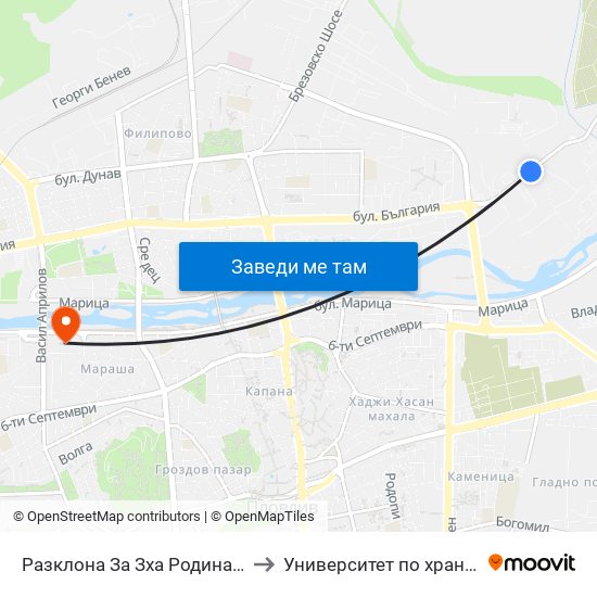 Разклона За Зха Родина / Fork Road To Rodina Paper And Packaging Factory (211) to Университет по хранителни технологии (University of Food Technology) map