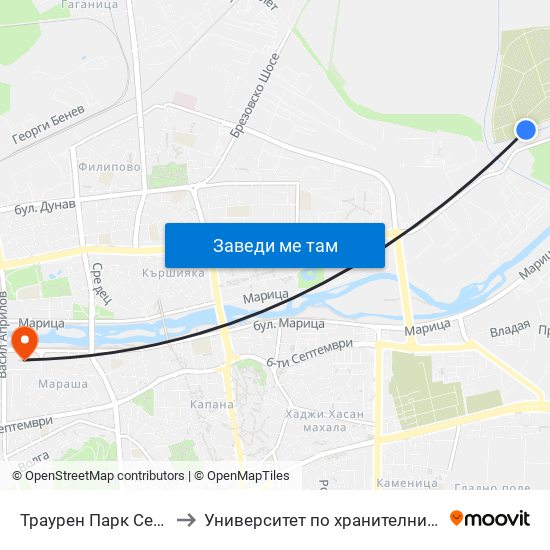 Траурен Парк Север / North Cemetery (1019) to Университет по хранителни технологии (University of Food Technology) map