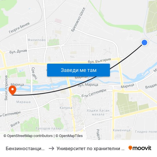 Бензиностанцията / the Gas Station (181) to Университет по хранителни технологии (University of Food Technology) map