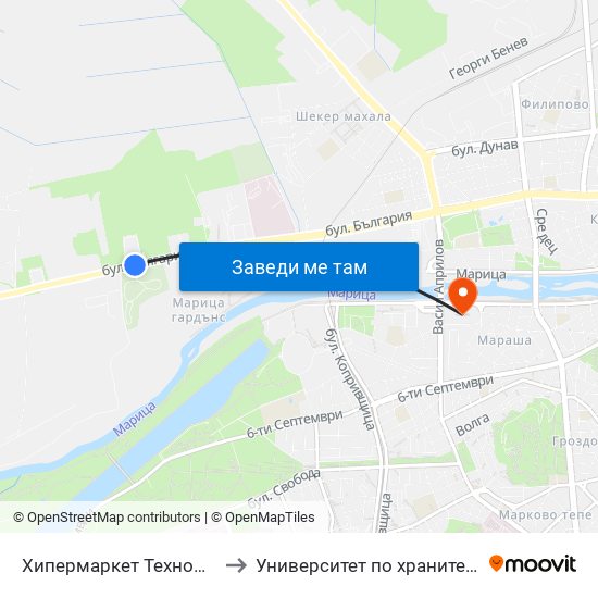 Хипермаркет Техномаркет / Technomarket Hypermarket (336) to Университет по хранителни технологии (University of Food Technology) map