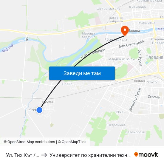 Ул. Тих Кът / Tih Kat St. (485) to Университет по хранителни технологии (University of Food Technology) map