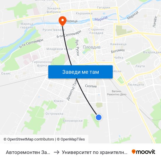 Авторемонтен Завод / Auto Repair Factory (472) to Университет по хранителни технологии (University of Food Technology) map