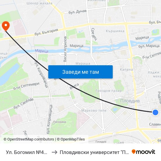 Ул. Богомил №45 / 45 Bogomil St. (222) to Пловдивски университет "Паисий Хилендарски" - Нова сграда map