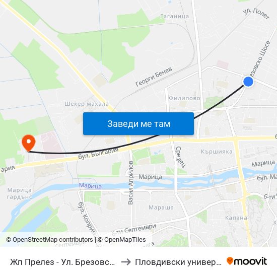 Жп Прелез - Ул. Брезовско Шосе / Level Crossing - Brezovsko Shosse St. (229) to Пловдивски университет "Паисий Хилендарски" - Нова сграда map