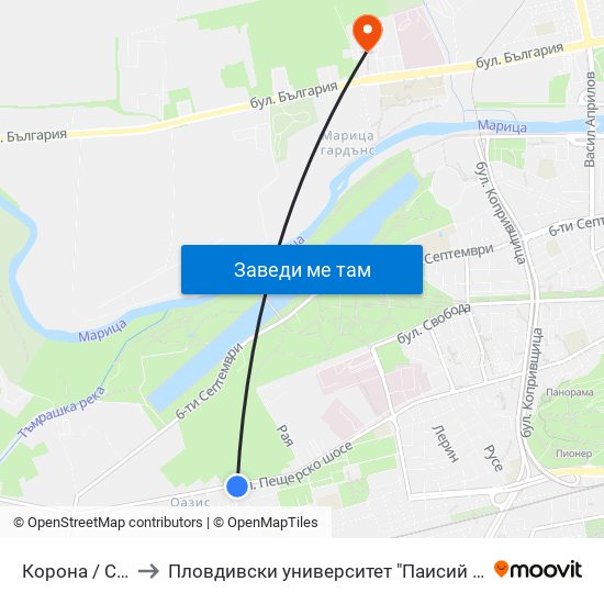 Корона / Crown (149) to Пловдивски университет "Паисий Хилендарски" - Нова сграда map