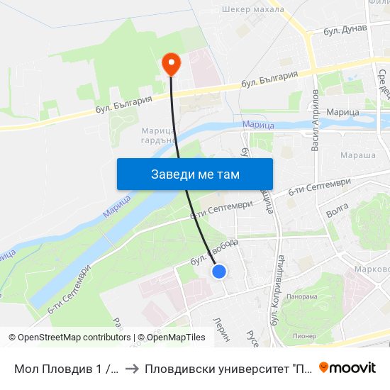 Мол Пловдив 1 / Mall Of Plovdiv 1 (315) to Пловдивски университет "Паисий Хилендарски" - Нова сграда map