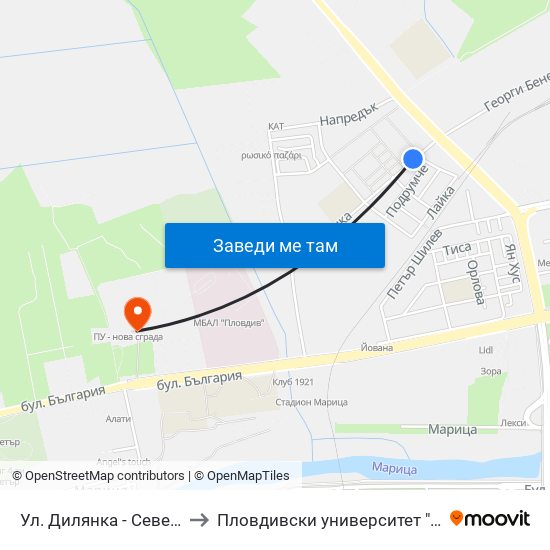 Ул. Дилянка - Север / Dilyanka St - North (269) to Пловдивски университет "Паисий Хилендарски" - Нова сграда map