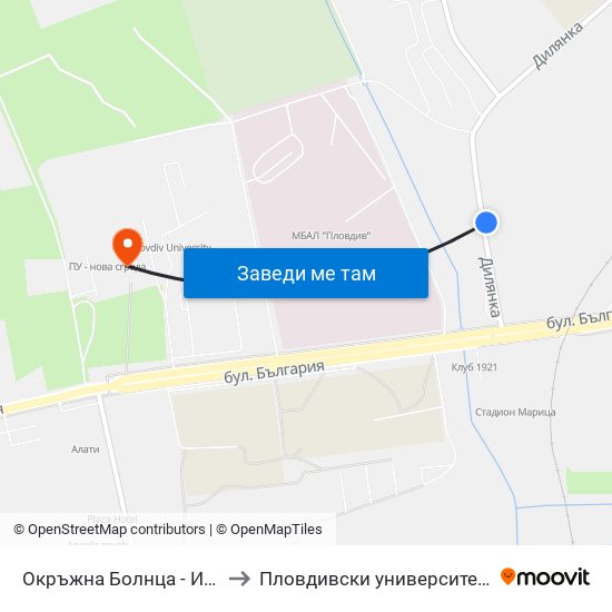 Окръжна Болнца - Изток / County Hospital - East (295) to Пловдивски университет "Паисий Хилендарски" - Нова сграда map