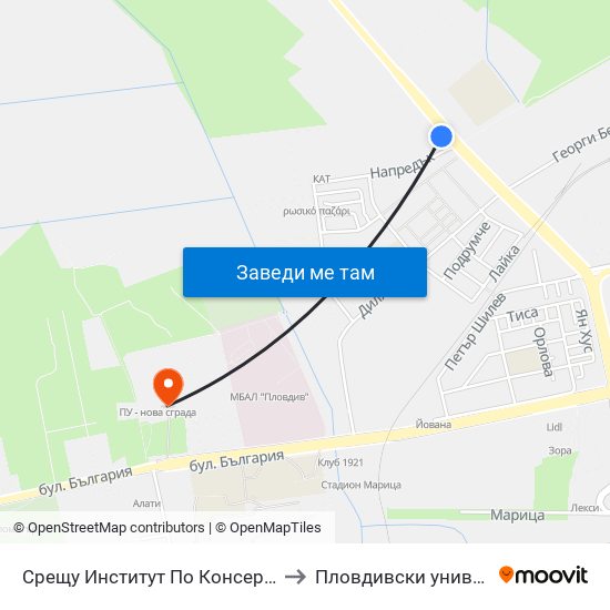 Срещу Институт По Консервна Промишленост / Opposite Institute Of Canning Industry (427) to Пловдивски университет "Паисий Хилендарски" - Нова сграда map