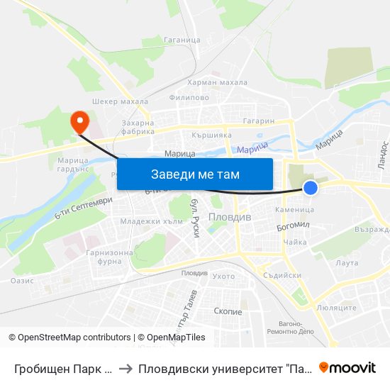 Гробищен Парк 1 / Cemetery 1 (135) to Пловдивски университет "Паисий Хилендарски" - Нова сграда map