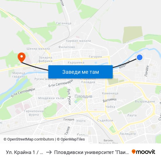 Ул. Крайна 1 / Krayna St. 1 (429) to Пловдивски университет "Паисий Хилендарски" - Нова сграда map