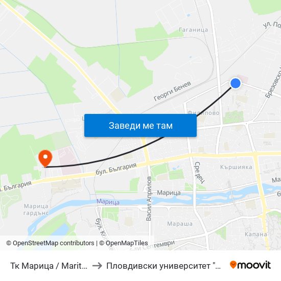 Тк Марица / Maritsa Textile Factory (1005) to Пловдивски университет "Паисий Хилендарски" - Нова сграда map