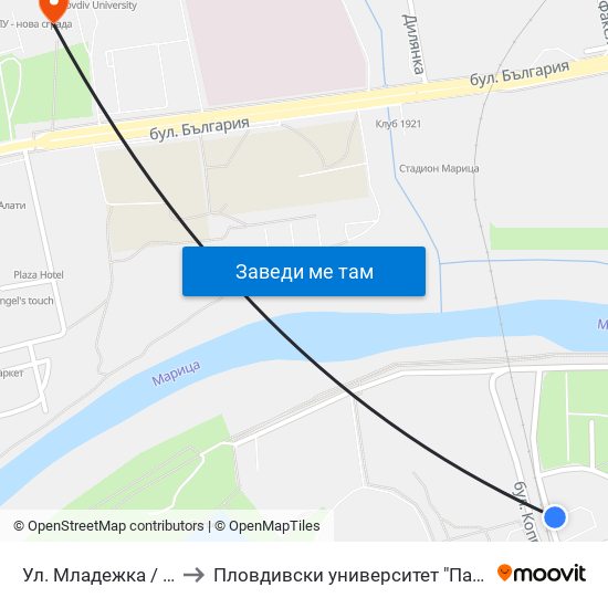 Ул. Младежка / Mladezhka St. (318) to Пловдивски университет "Паисий Хилендарски" - Нова сграда map