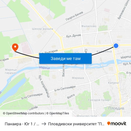 Панаира - Юг 1 / Panaira - South 1 (207) to Пловдивски университет "Паисий Хилендарски" - Нова сграда map