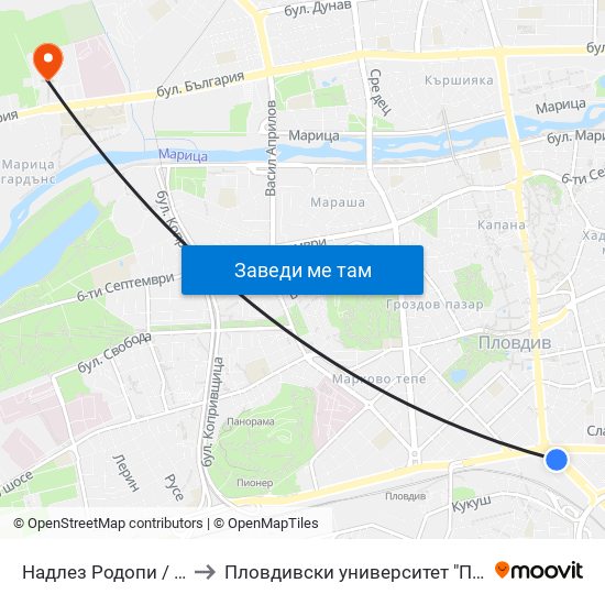 Надлез Родопи / Rodopi Overpass (375) to Пловдивски университет "Паисий Хилендарски" - Нова сграда map